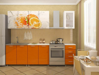 Кухонный гарнитур 1,6м Апельсин (Белый/Оранжевый металлик/Фотопечать апельсин) в Новом Тартасе - novyj-tartas.mebel54.com | фото